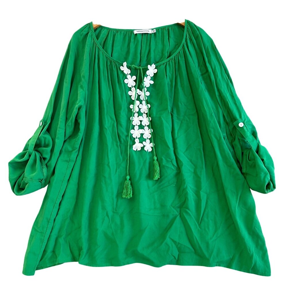 Misslook  Women's Sz 3XL Green Floral Embellished Casual Sleeves Tassel Accents